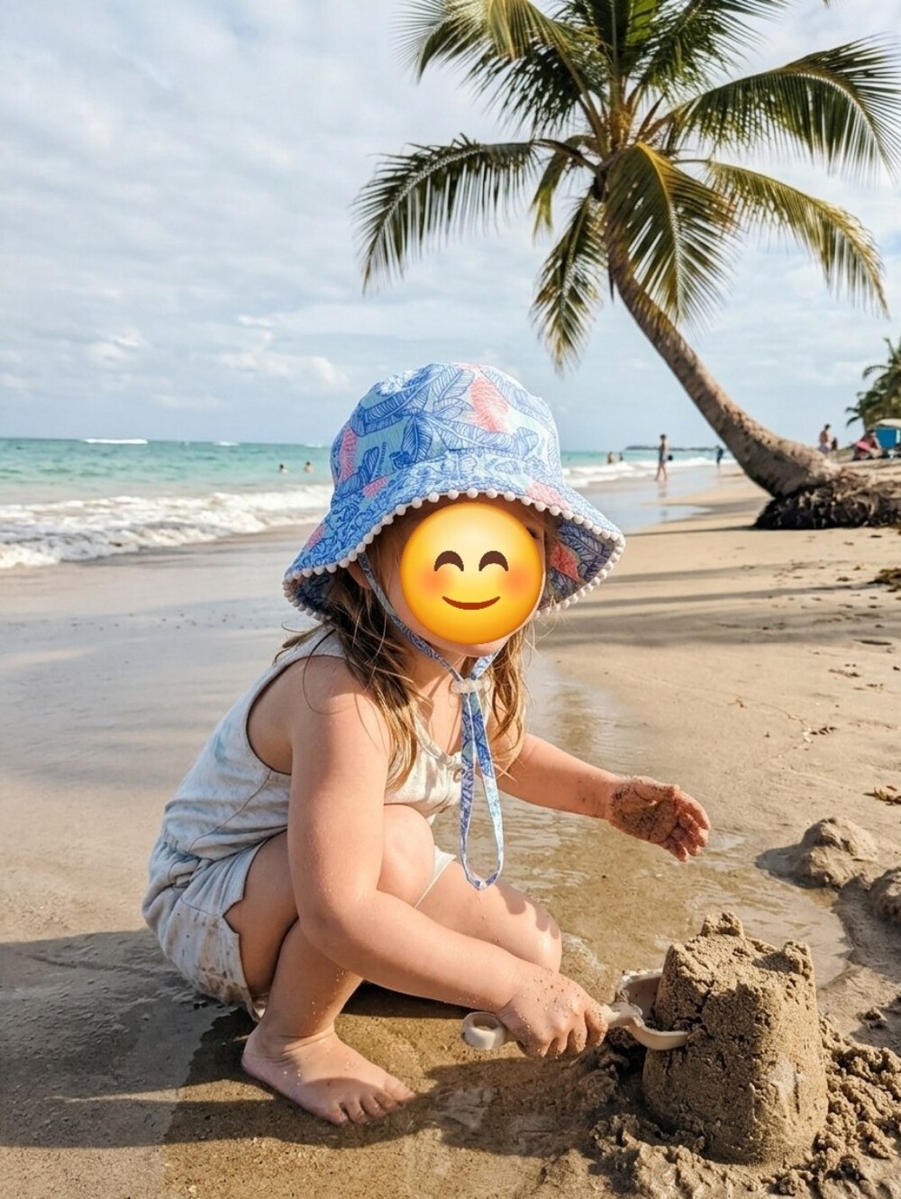 Tropical Print Kids Sun Bucket Hat with Adjustable Chin Strap & Pompom Trim